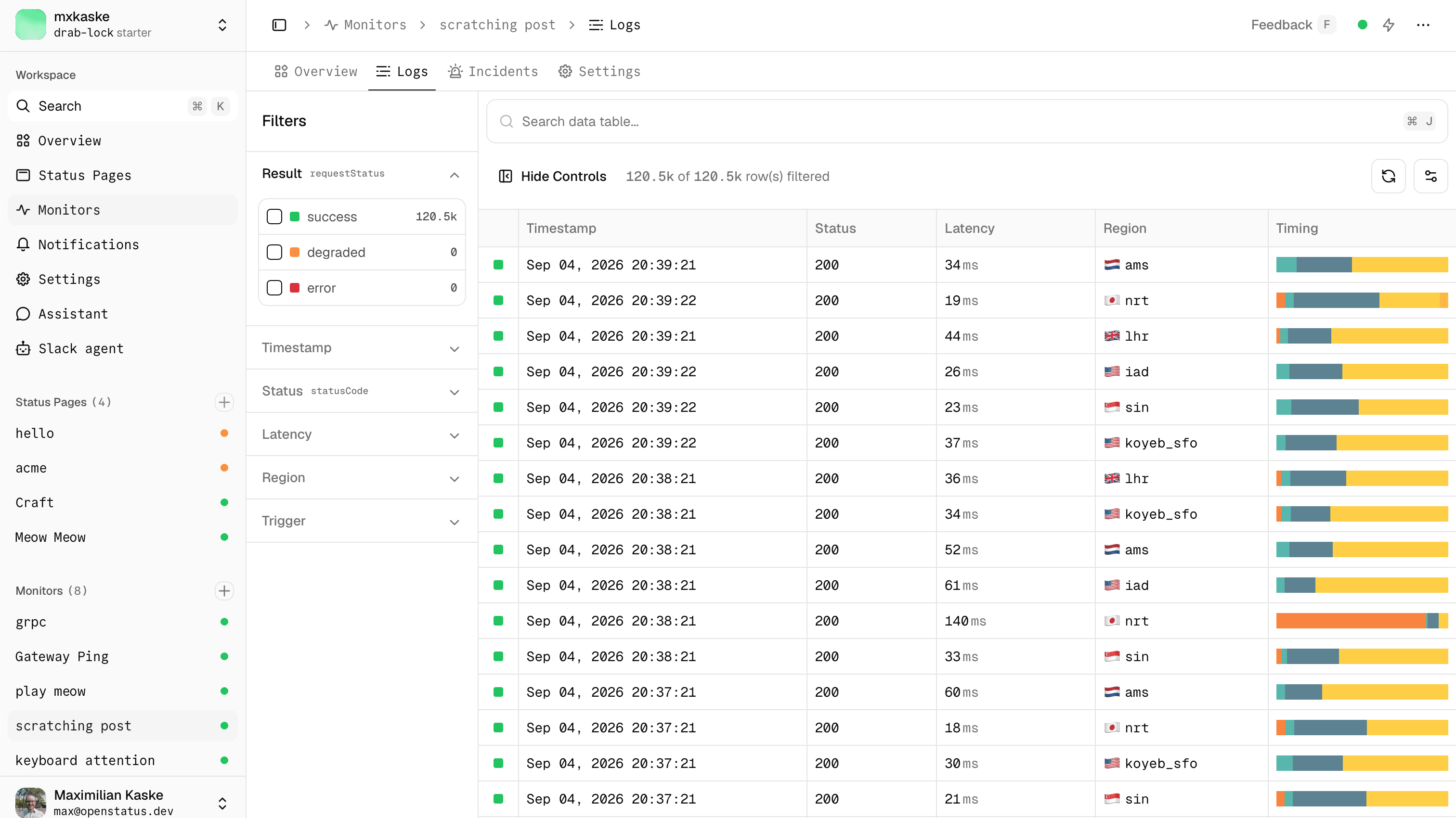 The new Logs tab in the openstatus dashboard: sidebar filters, faceted counts and the response timing column.