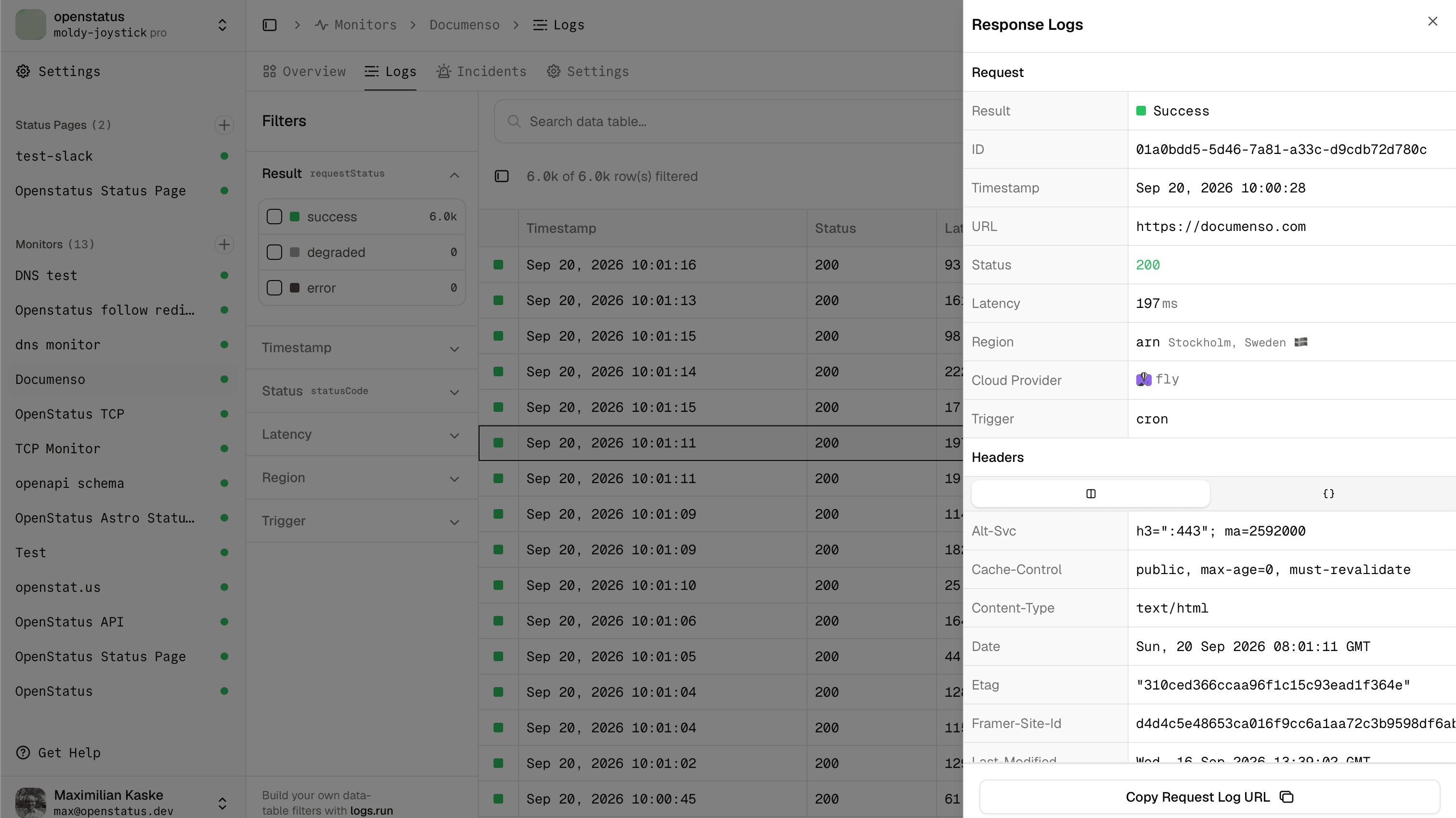 A selected log row opened in the sheet, showing request metadata and response headers.